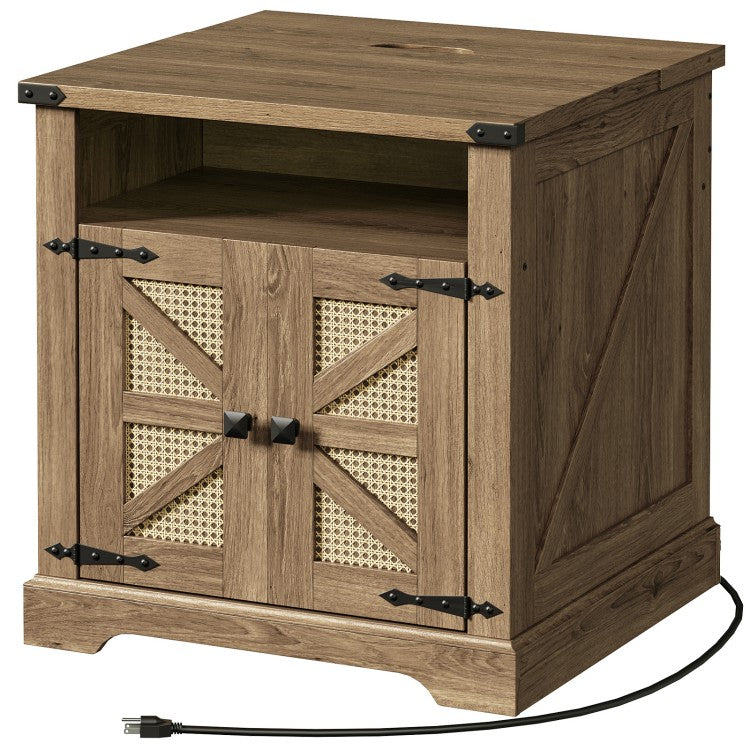 HOOBRO Farmhouse End Table with Charging Station, Flip Top Large End Table, 24" Large Sofa Side Table with Rattan Barn Door, Square Nightstand with Open Storage, for Living Room