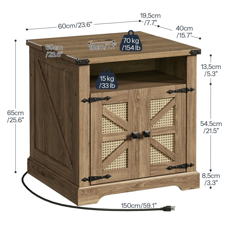 HOOBRO Farmhouse End Table with Charging Station, Flip Top Large End Table, 24" Large Sofa Side Table with Rattan Barn Door, Square Nightstand with Open Storage, for Living Room
