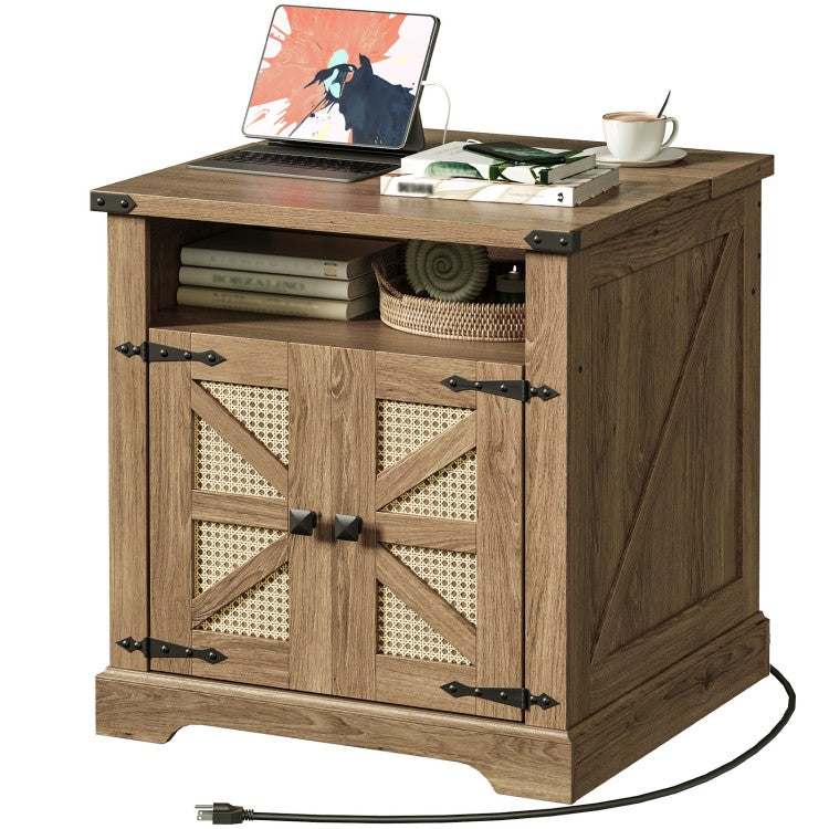 HOOBRO Farmhouse End Table with Charging Station, Flip Top Large End Table, 24" Large Sofa Side Table with Rattan Barn Door, Square Nightstand with Open Storage, for Living Room