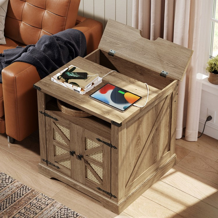 HOOBRO Farmhouse End Table with Charging Station, Flip Top Large End Table, 24" Large Sofa Side Table with Rattan Barn Door, Square Nightstand with Open Storage, for Living Room