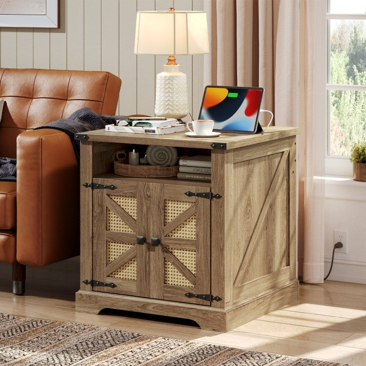HOOBRO Farmhouse End Table with Charging Station, Flip Top Large End Table, 24" Large Sofa Side Table with Rattan Barn Door, Square Nightstand with Open Storage, for Living Room
