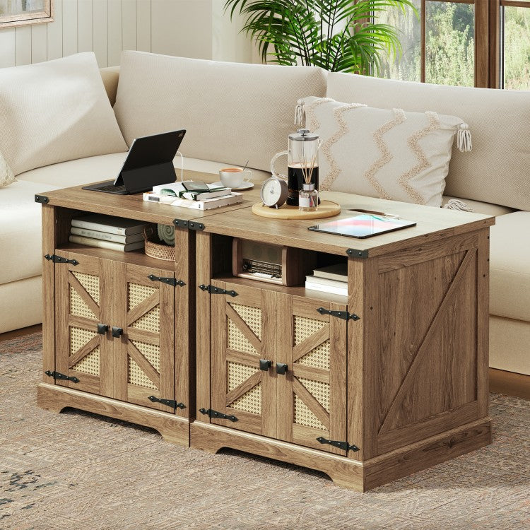 HOOBRO Farmhouse End Table with Charging Station, Flip Top Large End Table, 24" Large Sofa Side Table with Rattan Barn Door, Square Nightstand with Open Storage, for Living Room