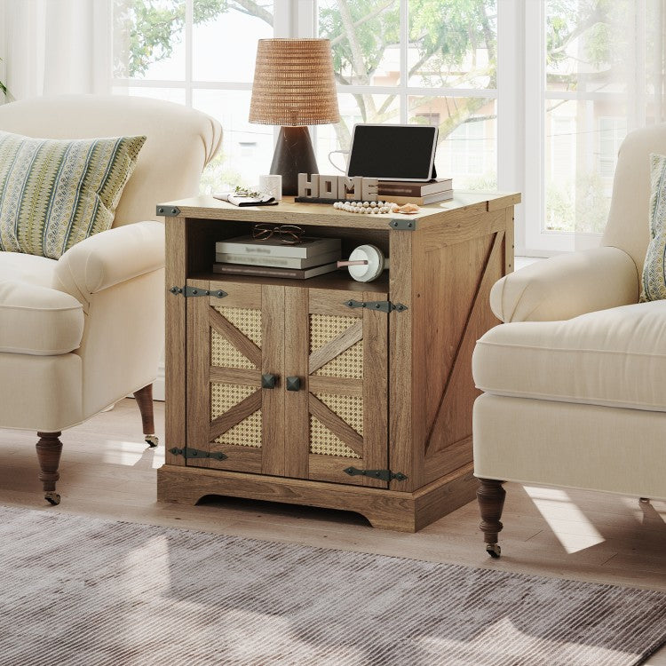 HOOBRO Farmhouse End Table with Charging Station, Flip Top Large End Table, 24" Large Sofa Side Table with Rattan Barn Door, Square Nightstand with Open Storage, for Living Room