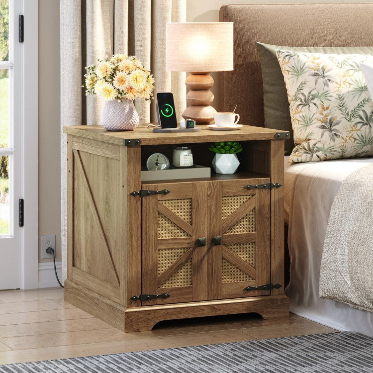 HOOBRO Farmhouse End Table with Charging Station, Flip Top Large End Table, 24" Large Sofa Side Table with Rattan Barn Door, Square Nightstand with Open Storage, for Living Room