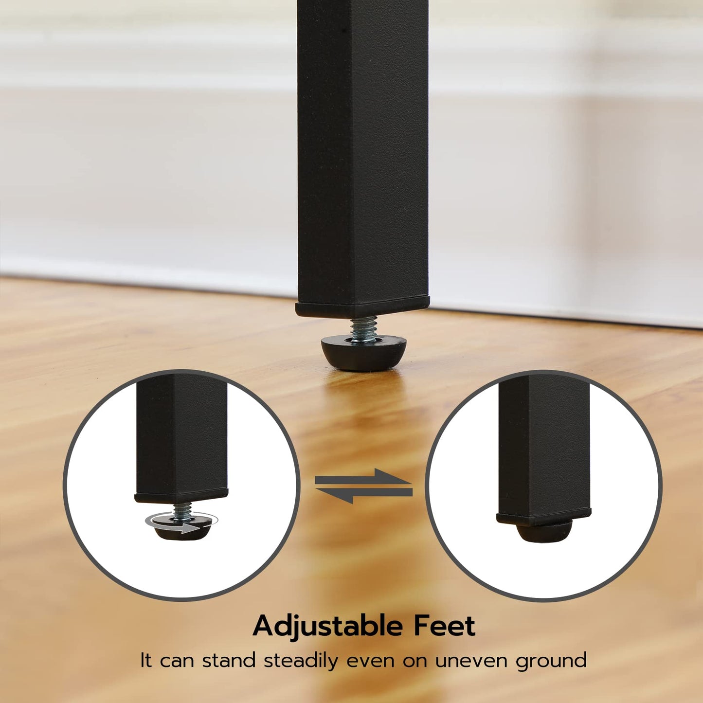 Adjustable feet on a piece of furniture with close-up insets showing their function.