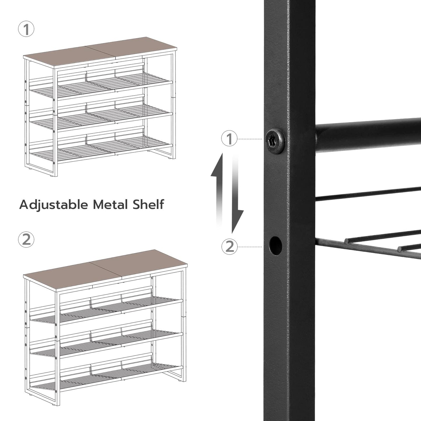 Illustration of an adjustable metal shelf with labeled parts on a white background