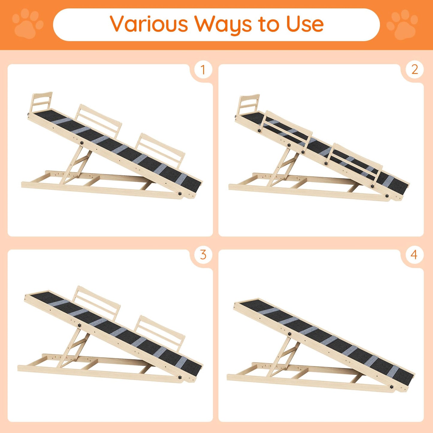 Dog ramp shown in four different configurations on a peach background with text 'Various Ways to Use'.
