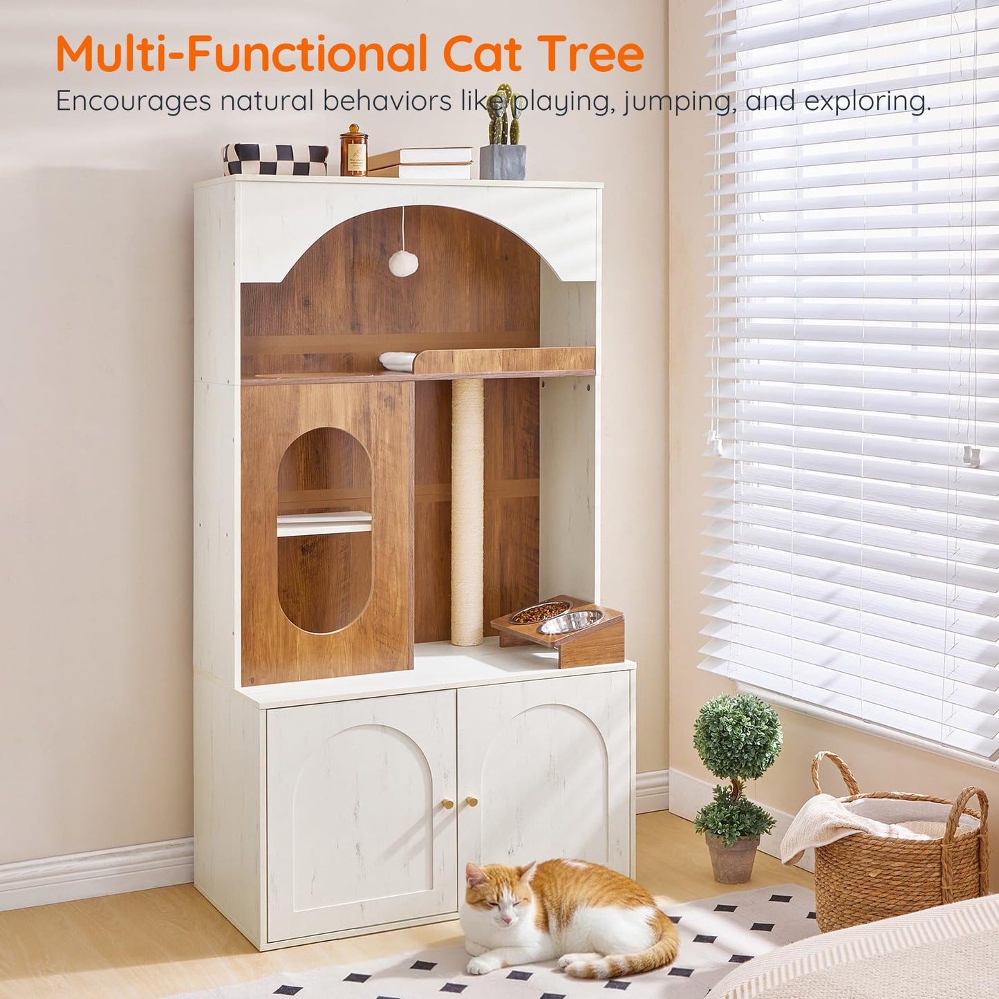 Multi-functional cat tree with a cat sitting on the floor in a room.