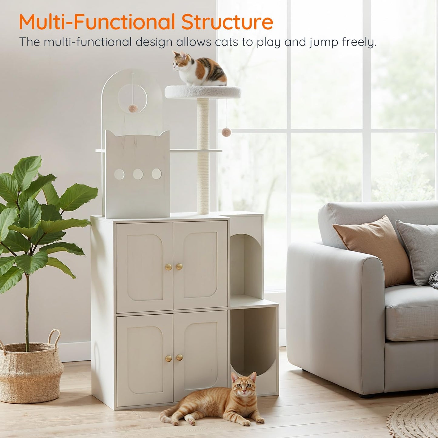 Multi-functional cat tree with cats playing in a living room setting