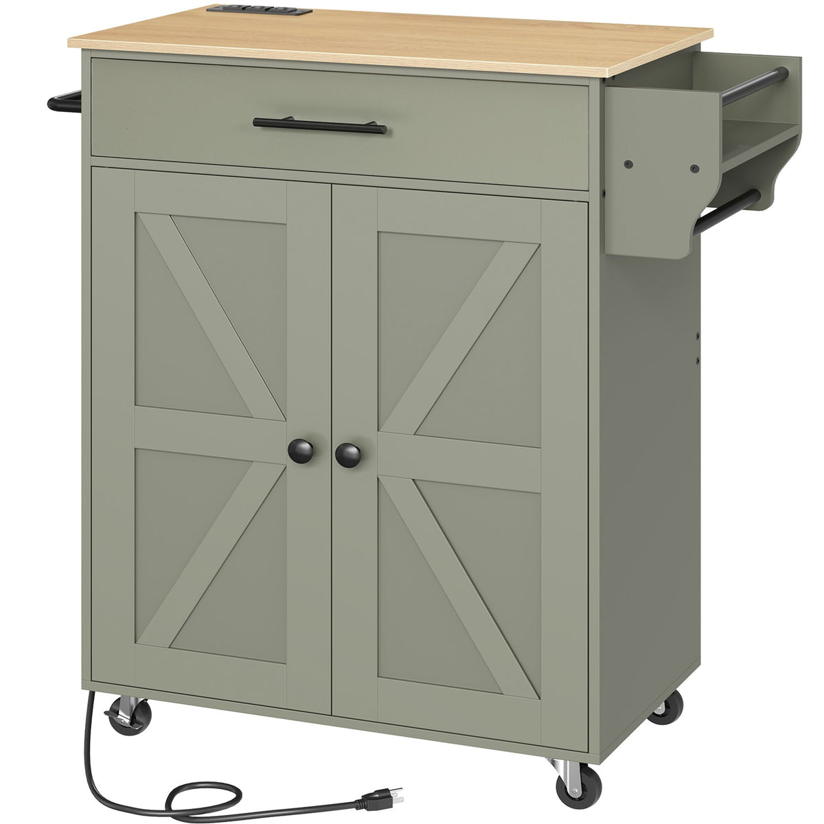 HOOBRO Mobile Kitchen Island Cart with Charging Station and Storage Cabinet