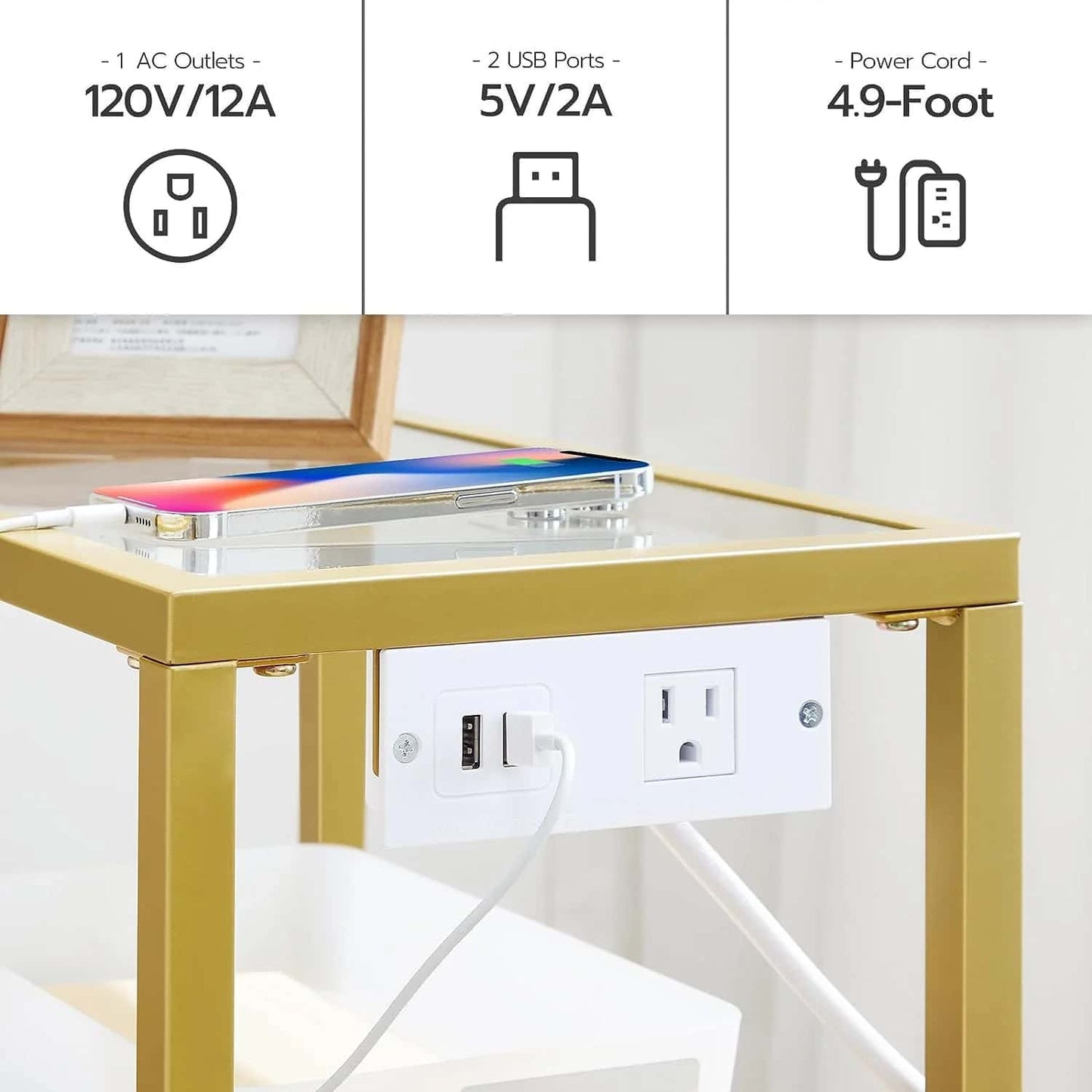 Small table with power outlets and USB ports on a white background