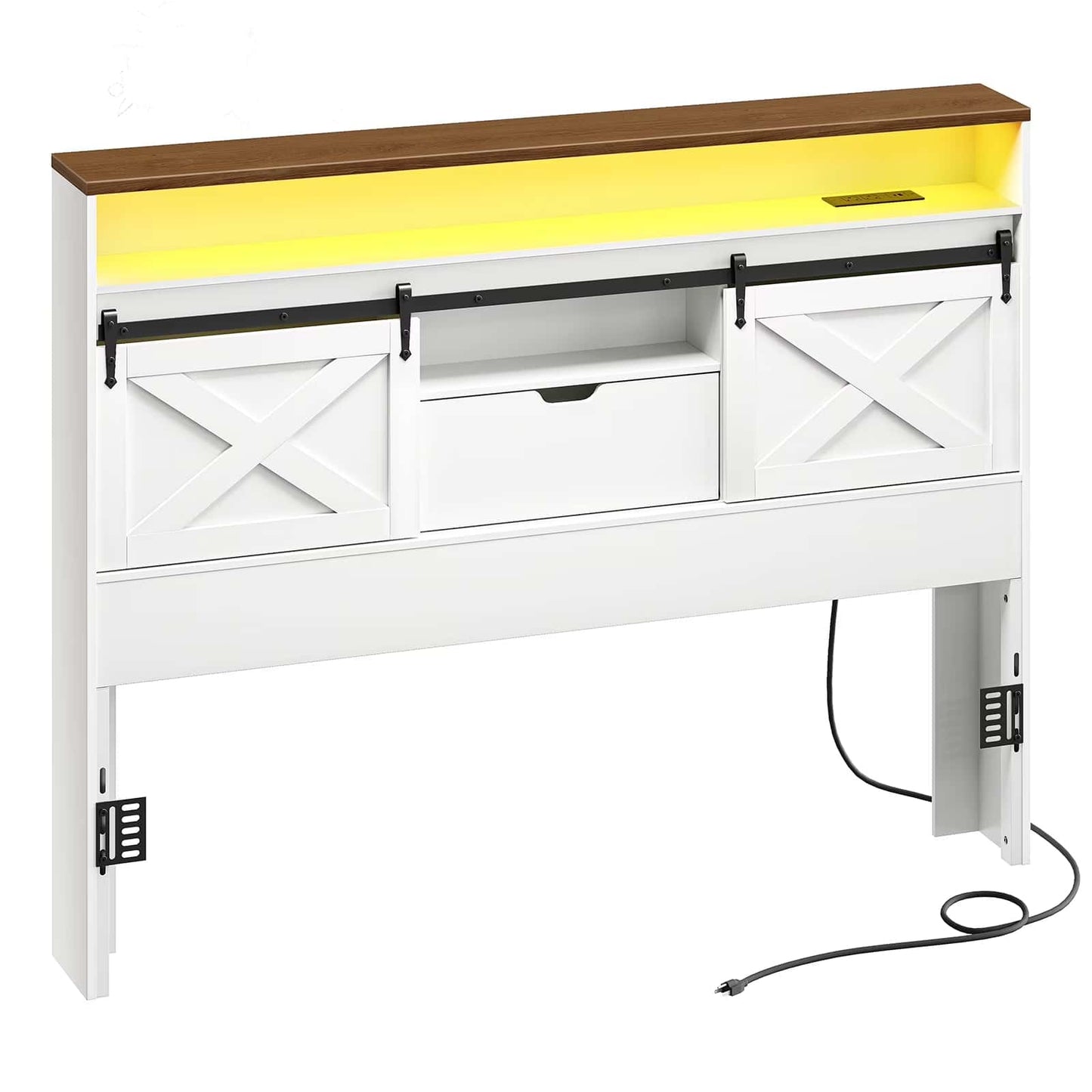 White console table with wooden top and sliding door on a white background