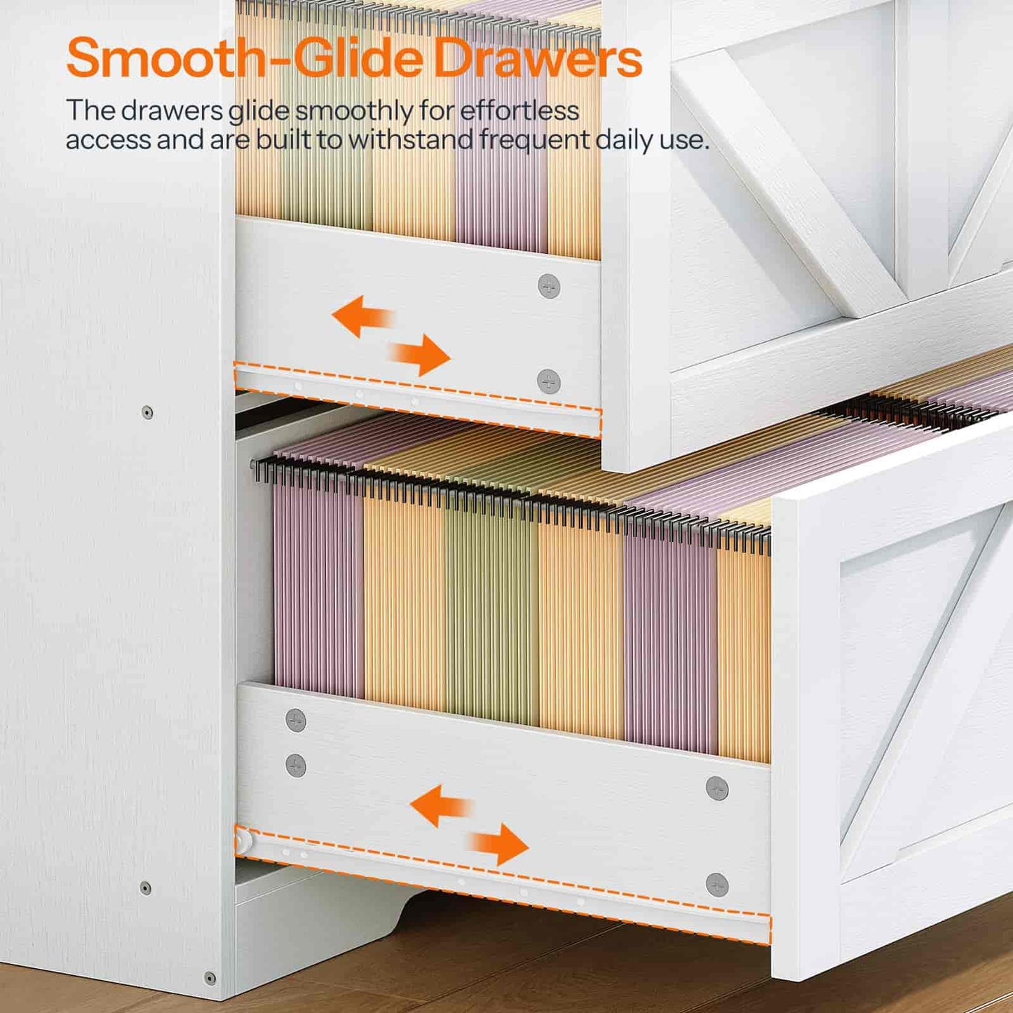 White storage unit with open drawers showing smooth-gliding mechanism, text about drawers' performance.