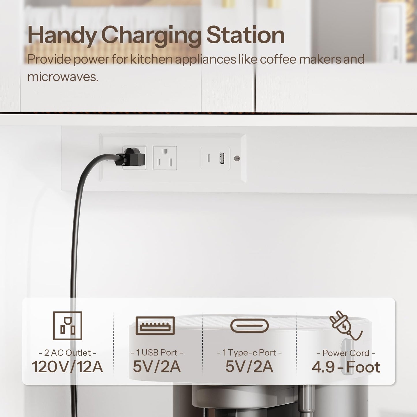 Handy charging station with power outlets and USB ports on a kitchen counter.