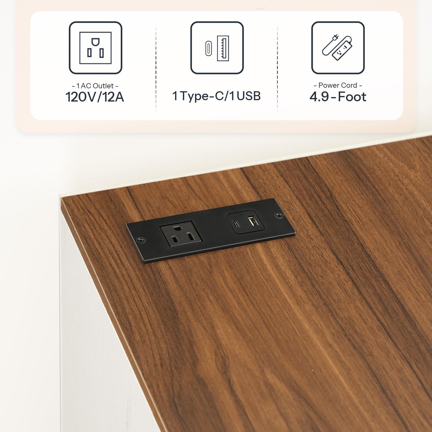 Wooden surface with a power outlet and USB port, featuring specifications on a white background.