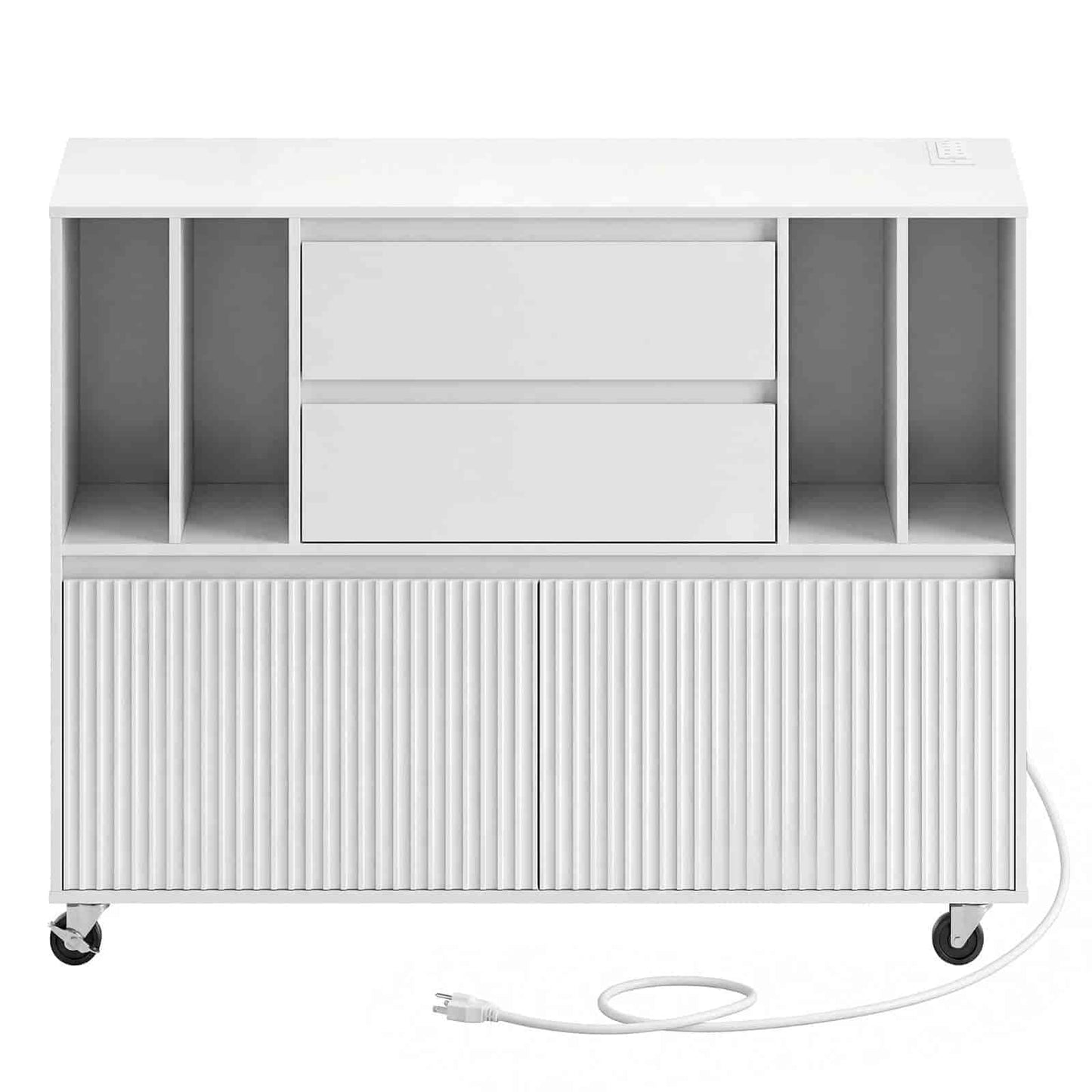 White storage unit with wheels and a power cord on a white background