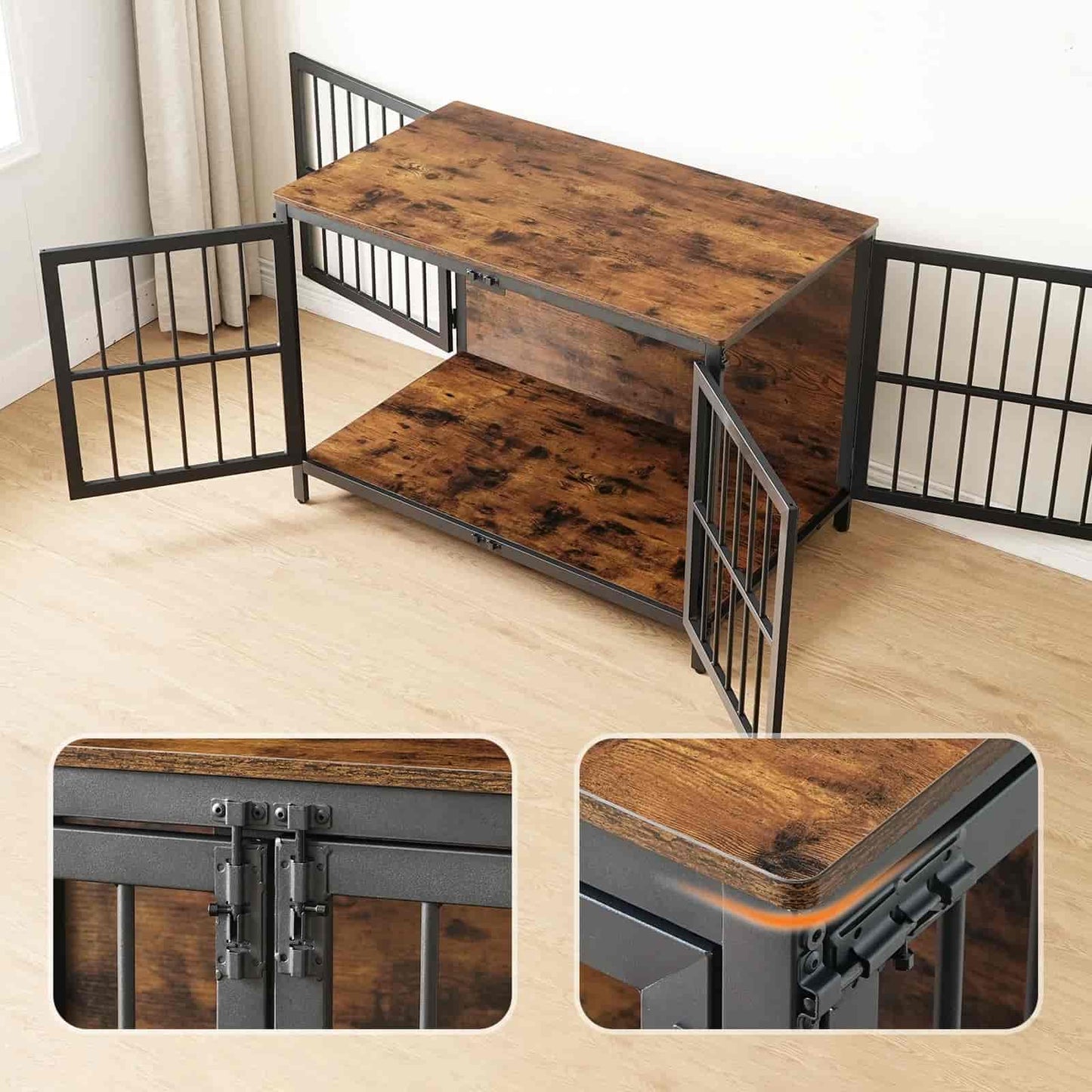 Wooden desk with metal railings in a room setting
