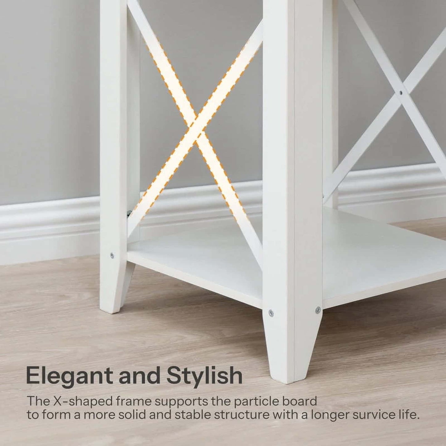 White wooden shelf with X-shaped frame on a light wood floor.