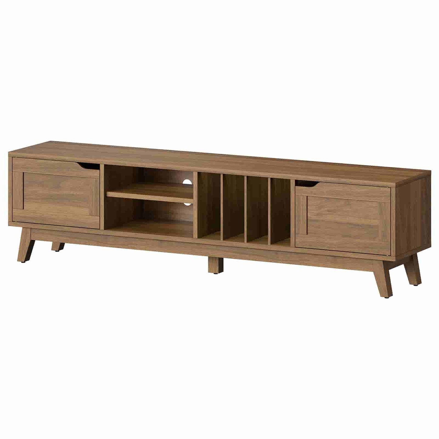 Wooden TV stand with open shelves on a white background