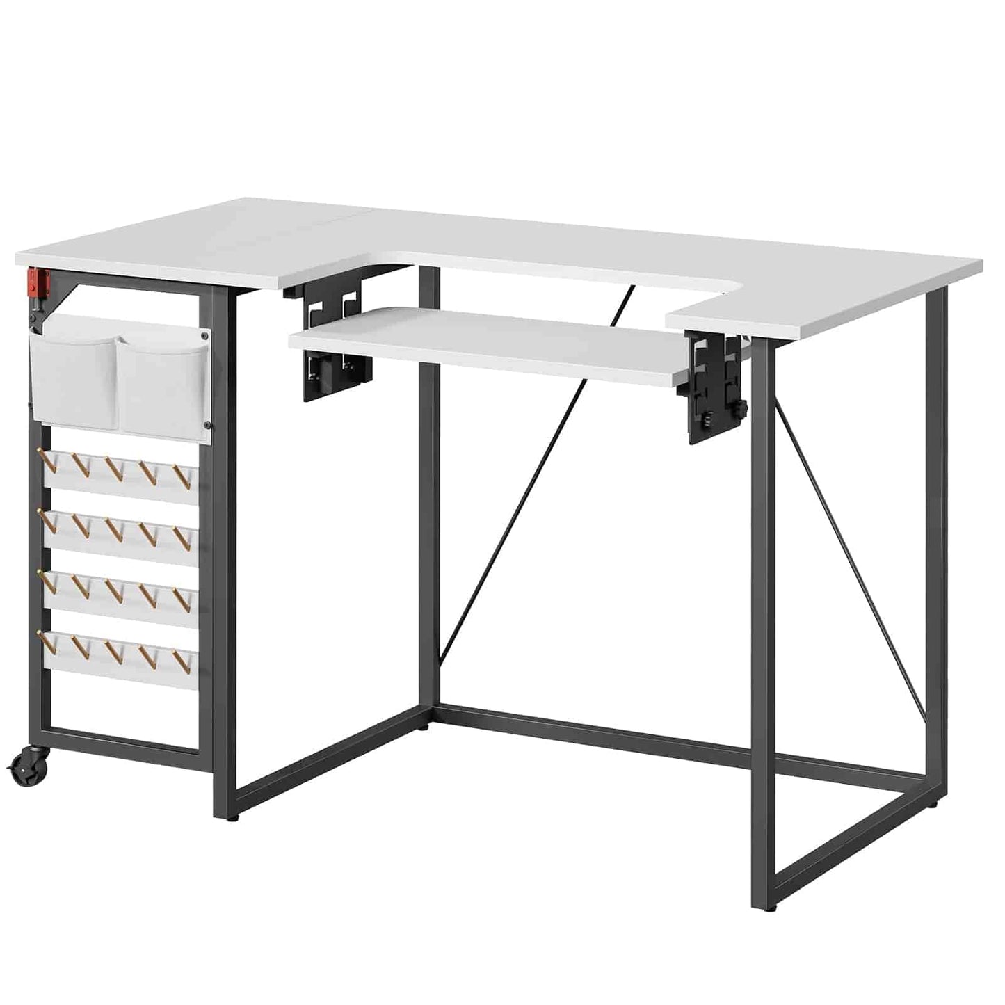 White L-shaped desk with storage drawers on a white background