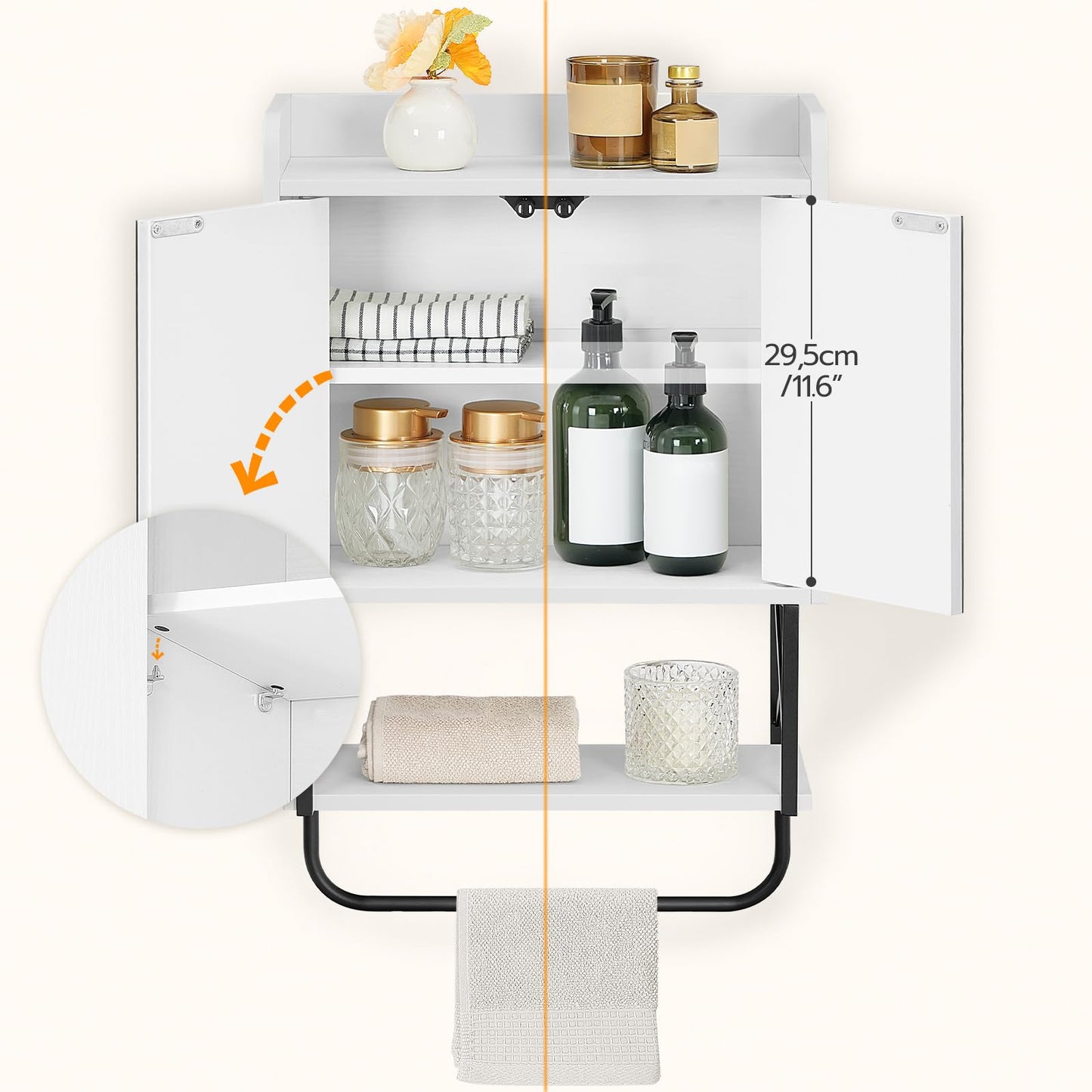 White wall-mounted cabinet with shelves and storage compartments, featuring various items on a white background.
