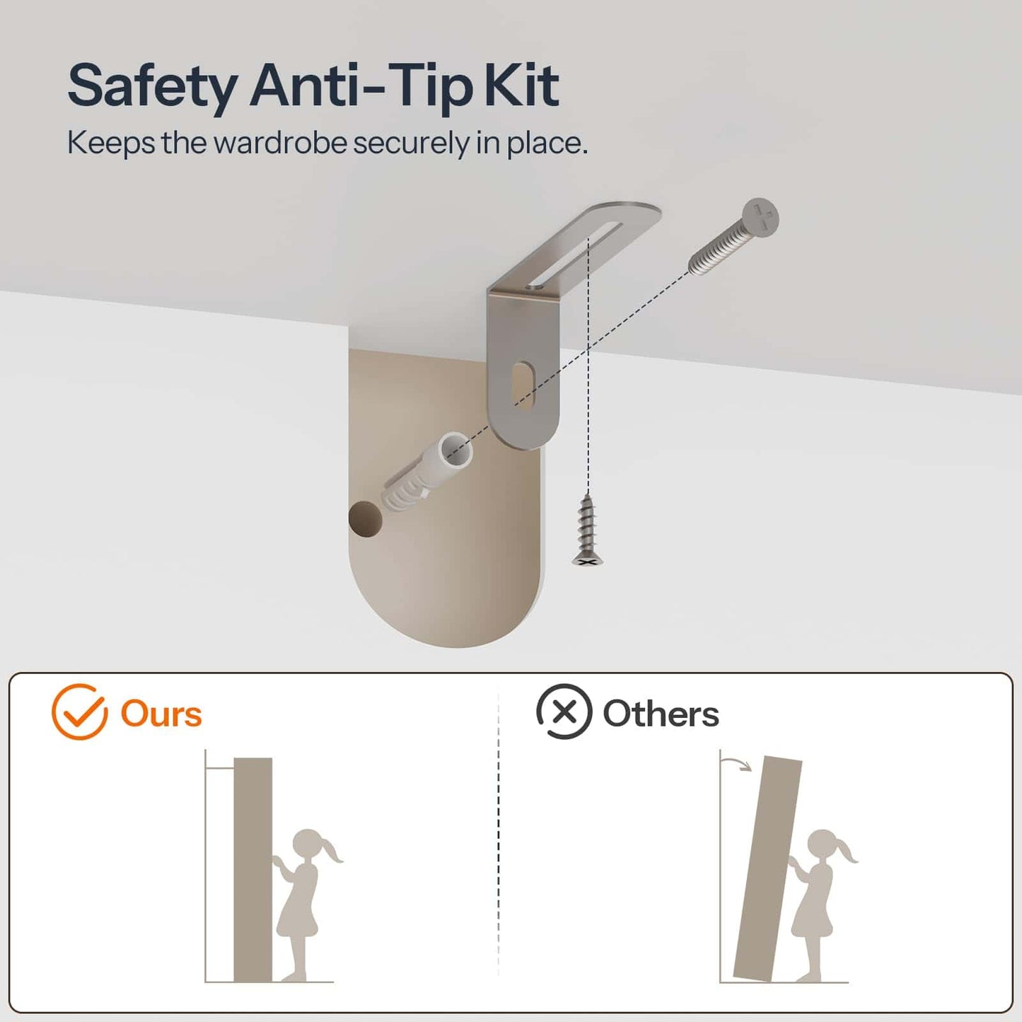 Safety anti-tip kit for wardrobes with a clear illustration of its use.