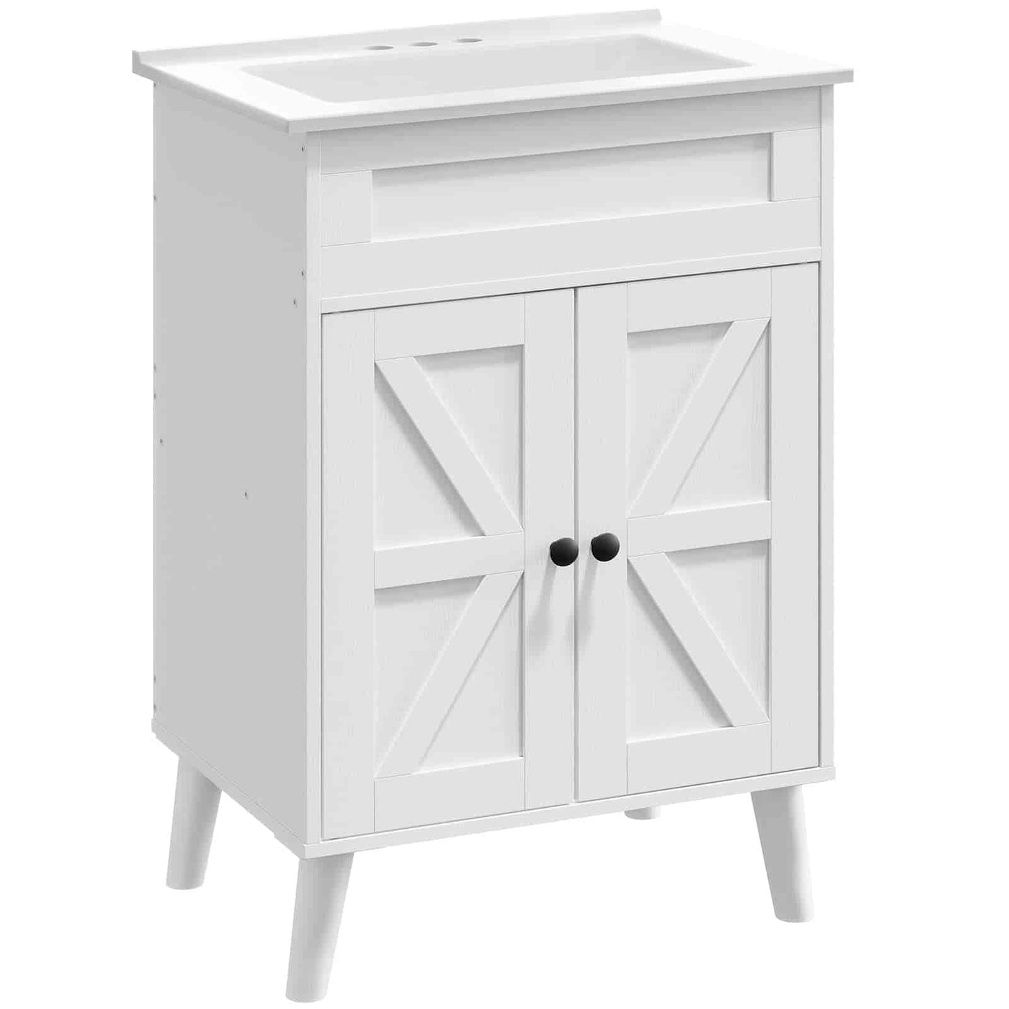 White bathroom vanity with two doors and a sink on a white background