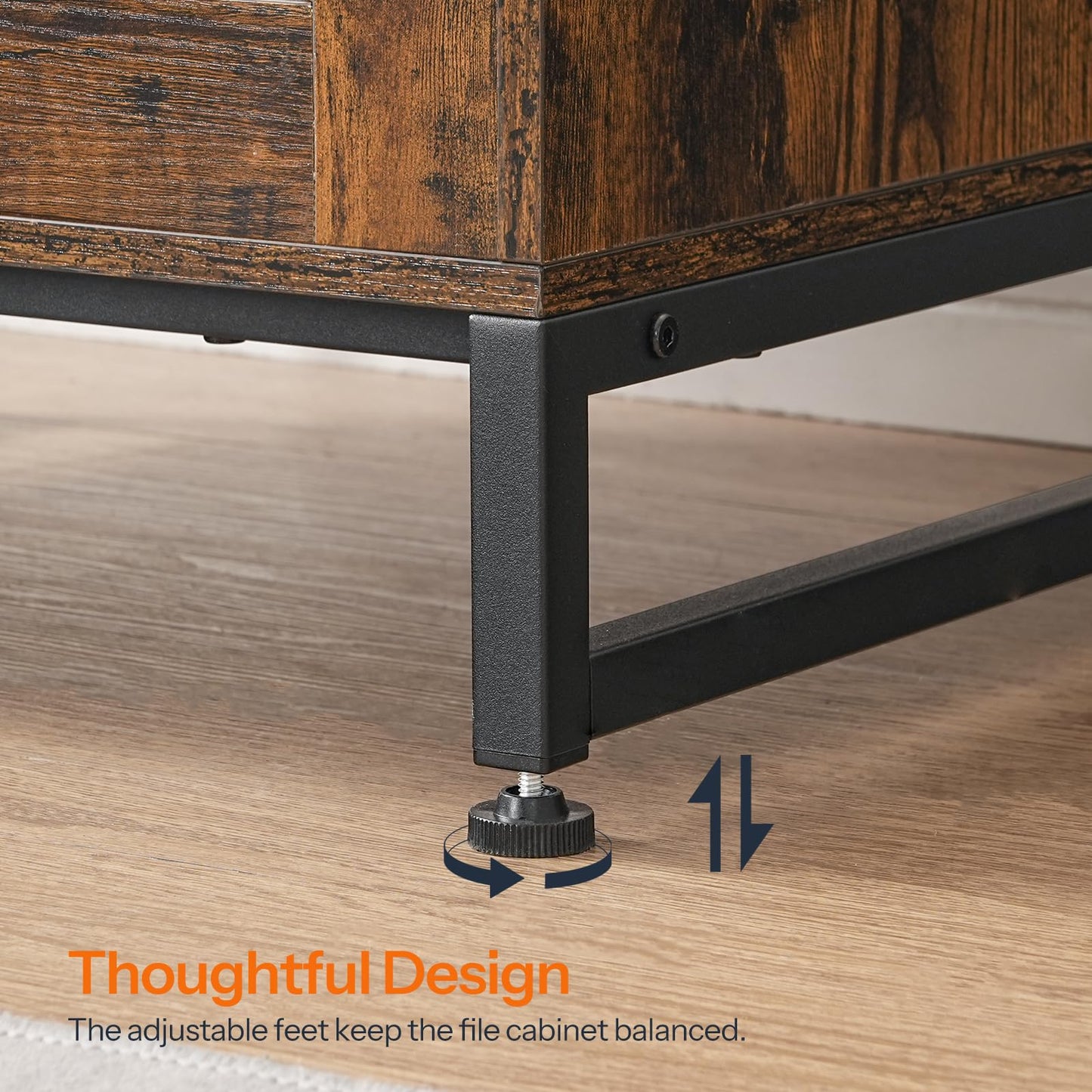 Wooden file cabinet with adjustable feet on a wooden floor, emphasizing design feature.