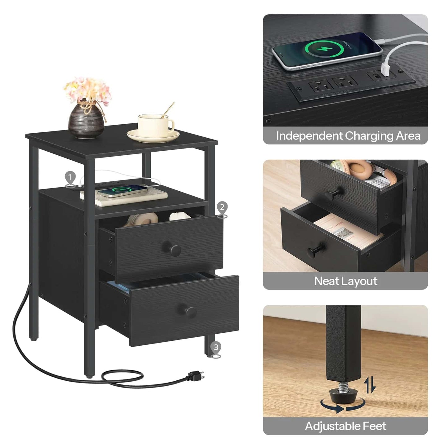 Black nightstand with drawers, charging area, and adjustable feet shown in detail.