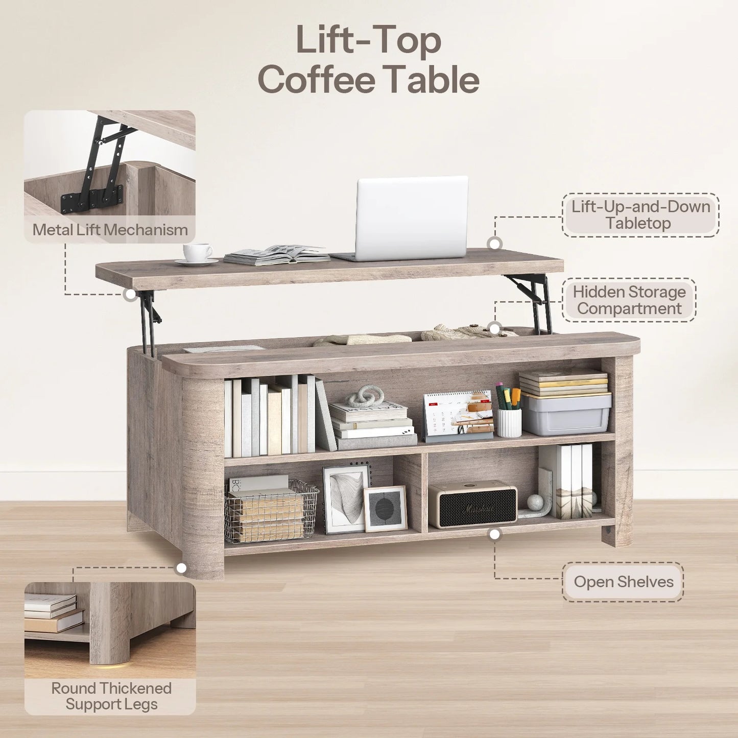 HOOBRO Lift-Top Coffee Table & Storage Coffee Table with Shelves