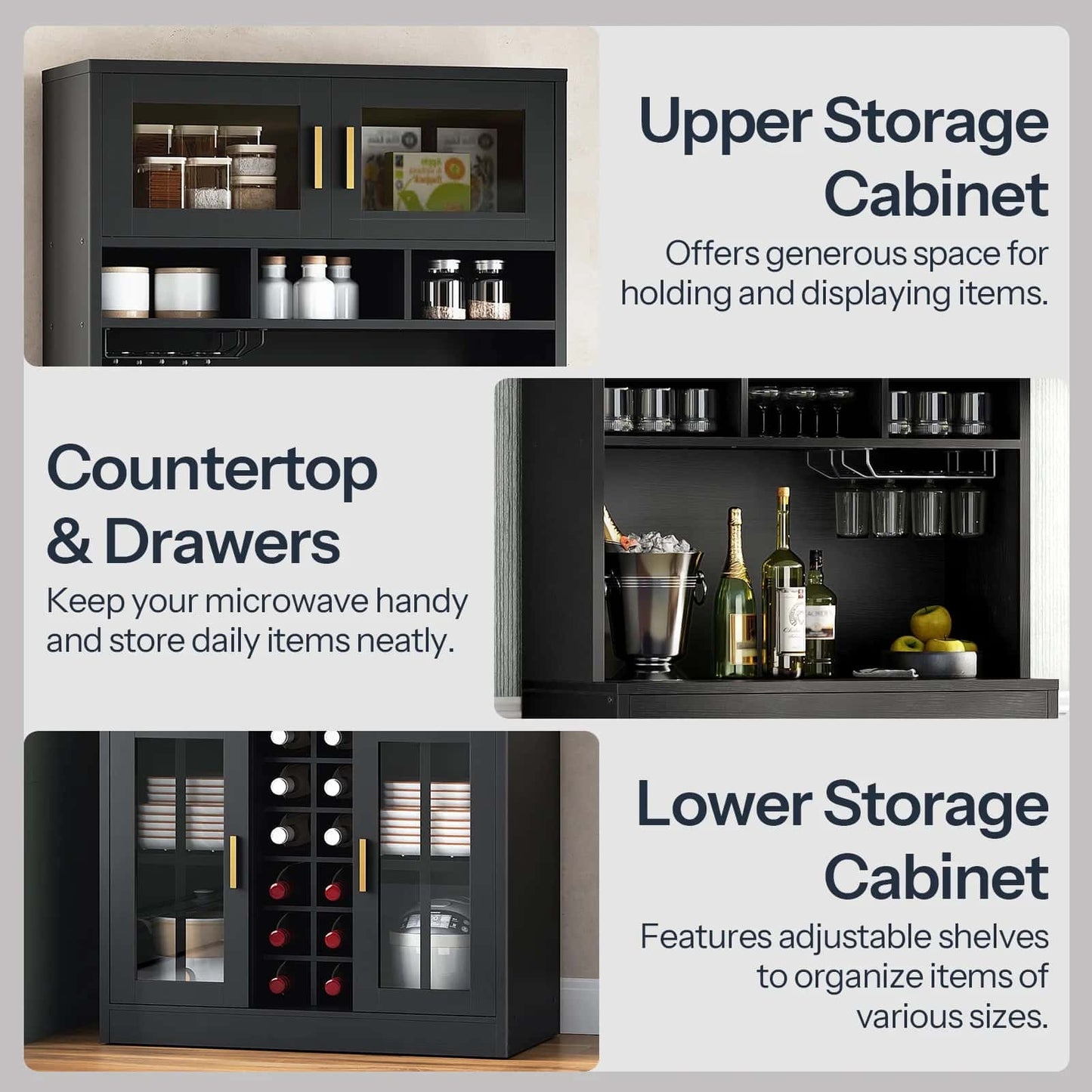 Black storage cabinets with labeled sections for upper, countertop & drawers, and lower storage.