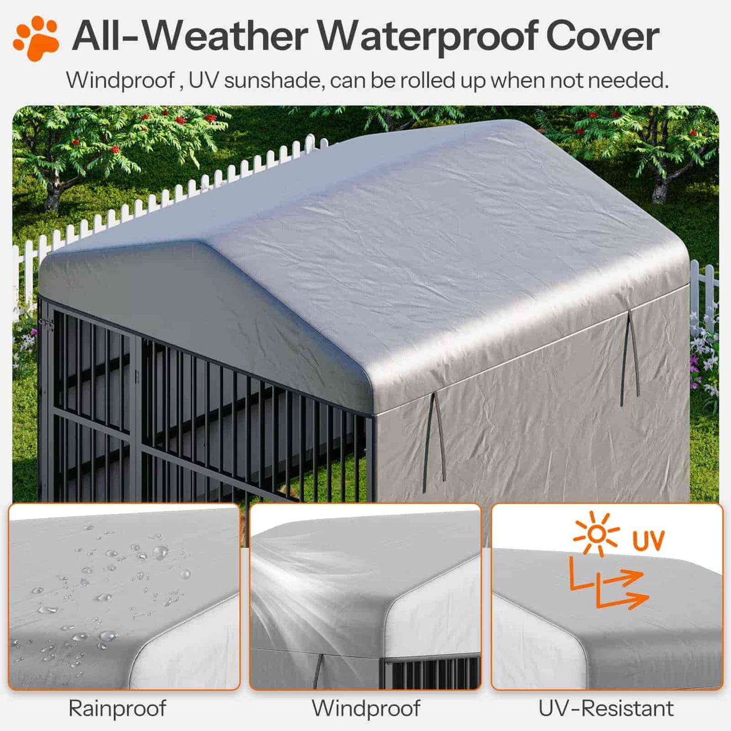 All-weather waterproof cover for a dog crate with text highlighting features like rainproof, windproof, and UV-resistance.