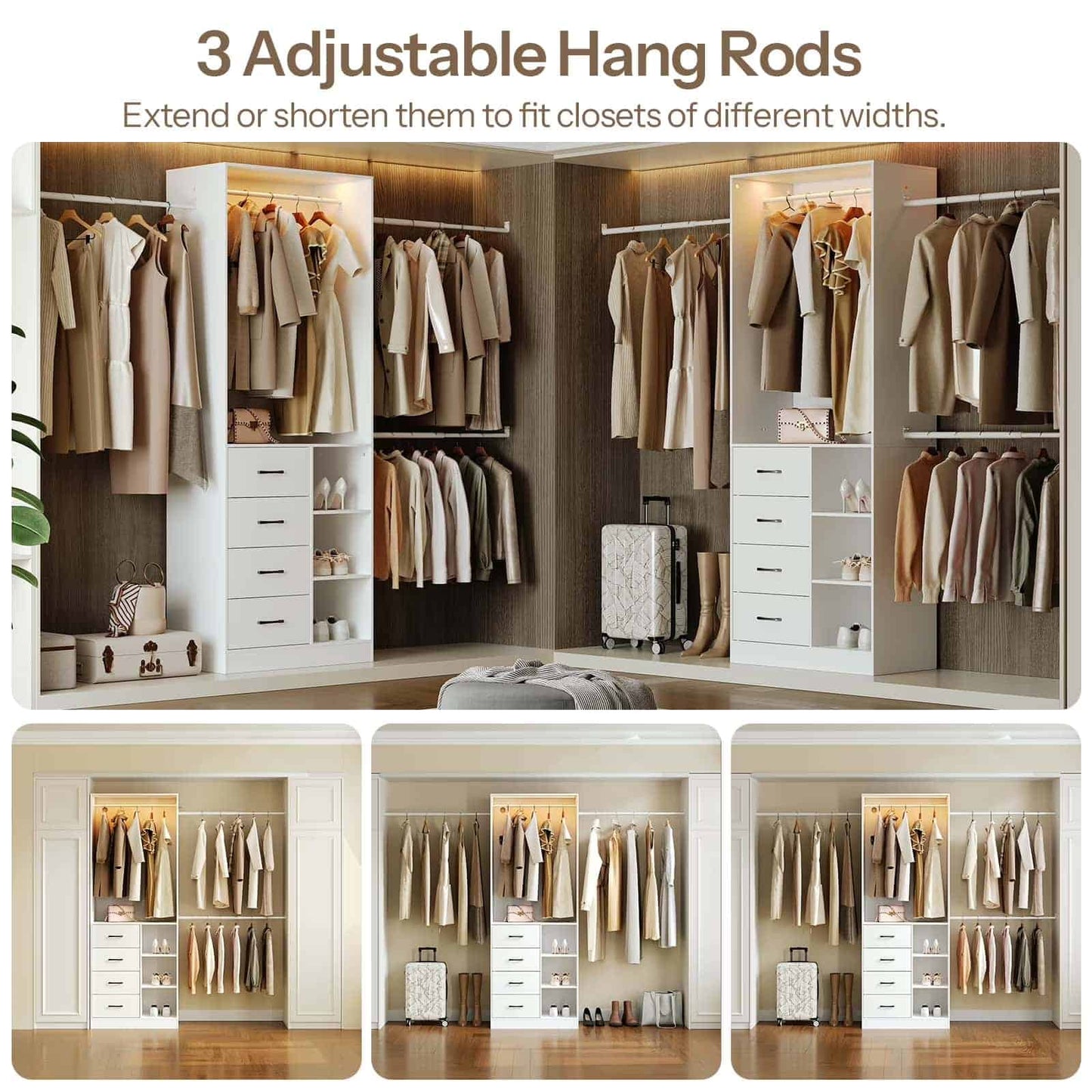 Closet system with adjustable hang rods and clothing, demonstrating flexibility for different closet widths.