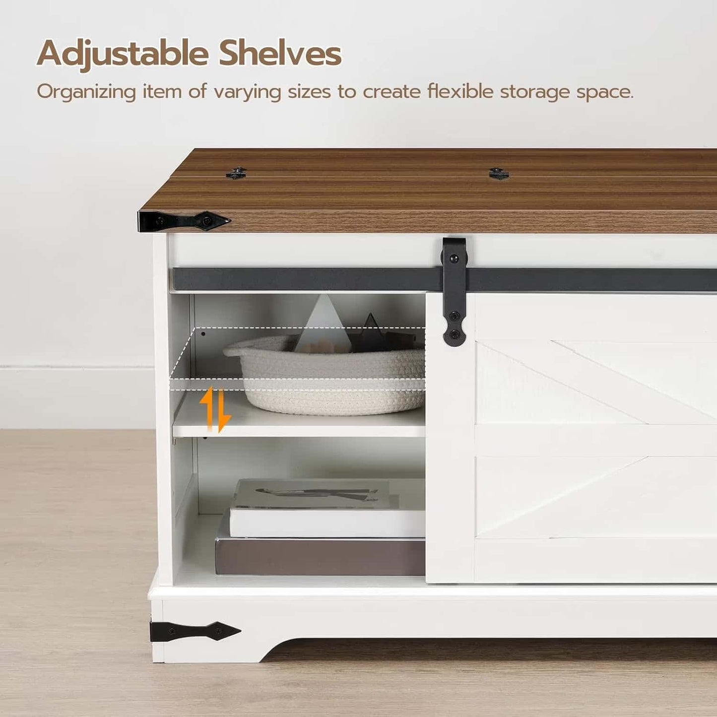 White storage cabinet with adjustable shelves and wooden top on a light wood floor.