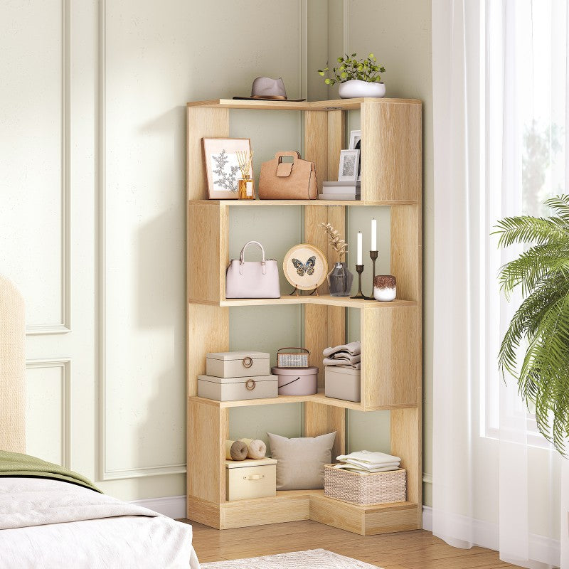 HOOBRO 5-Tier Corner Bookshelf, L-Shaped Corner Bookshelf, 55.3'' Tall Wooden Bookcase with Baffle, Freestanding Display Rack, for Living Room, Home Office
