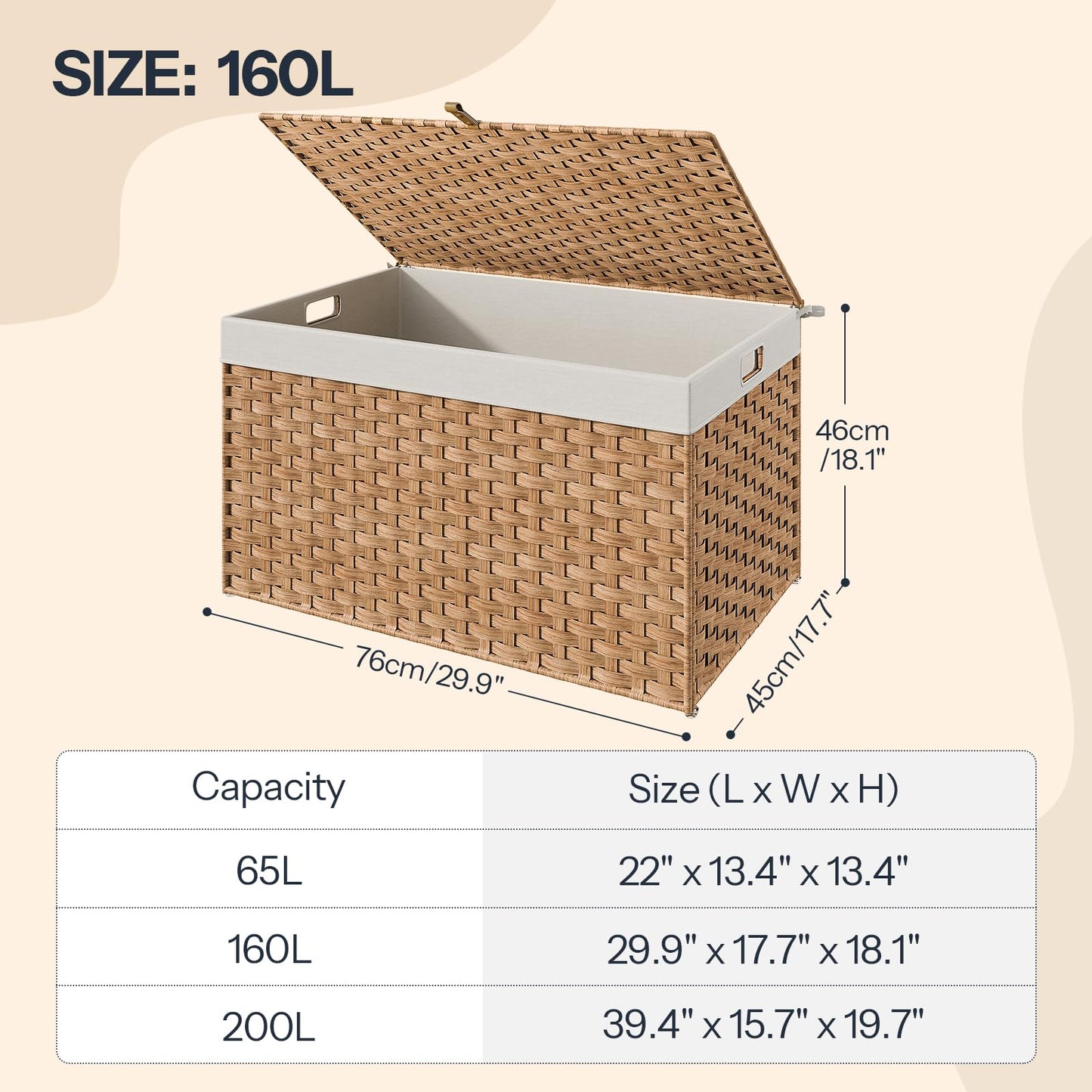 Wicker storage basket with dimensions and capacity details on a beige background