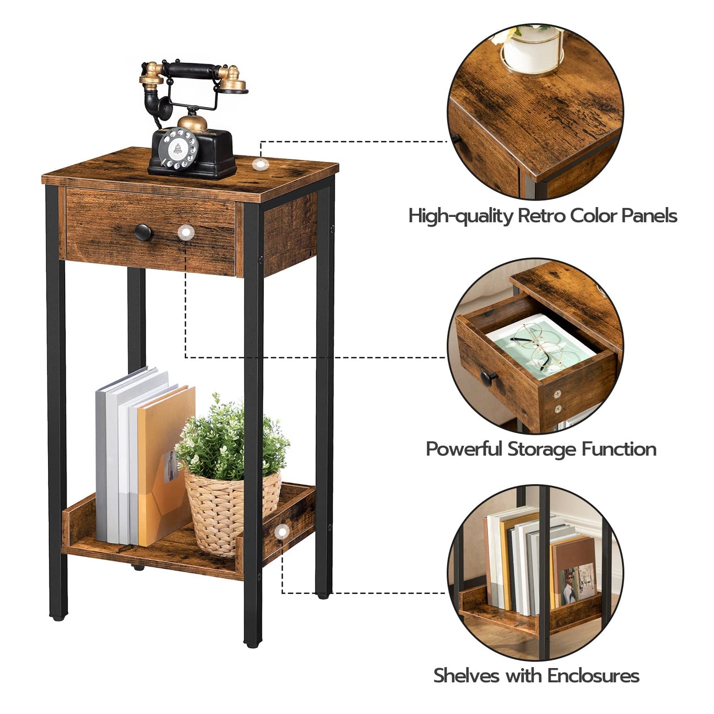HOOBRO Tall Side Table with Drawers & Storage Shelves