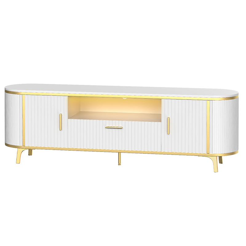 HOOBRO 70 Inch TV Stand, White and Gold TV Stand with LED Lights and Charging Station, Modern Entertainment Center with Storage, Media Console with Drawer and Cabinets, TV Console for Living Room