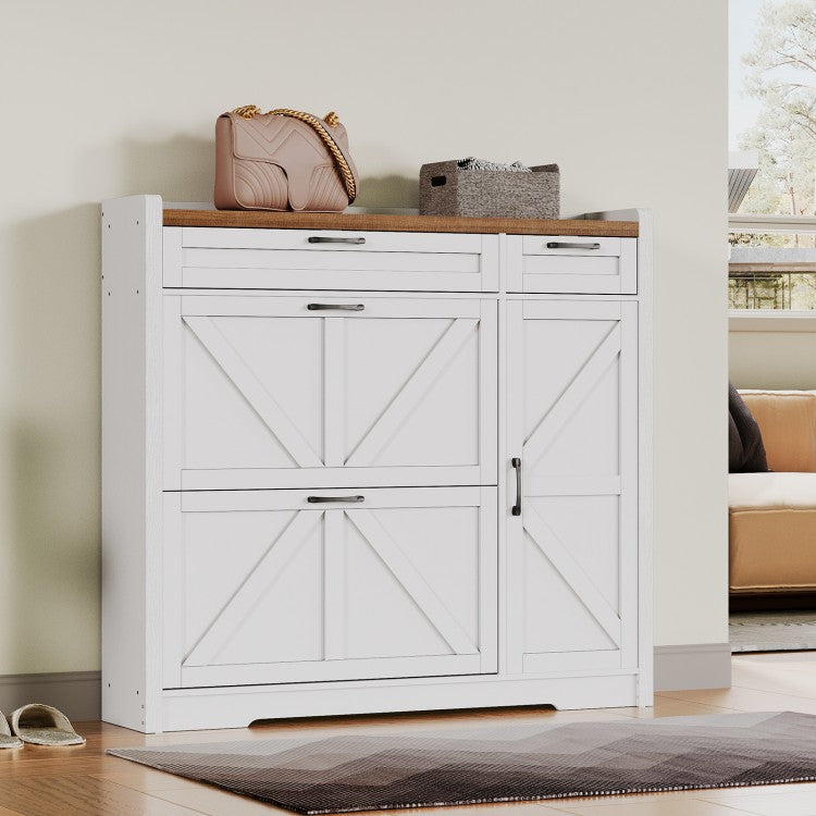 HOOBRO Farmhouse Shoe Storage Cabinet, Shoe Cabinet Storage for Entryway, Freestanding Shoe Organizer with 2 Flip Drawers, Narrow Shoe Cabinet with Adjustable Side Cabinet