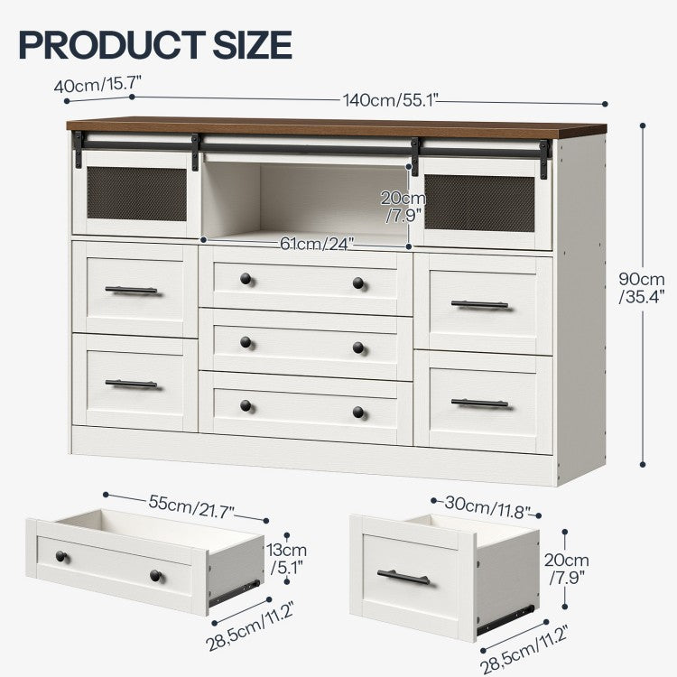 HOOBRO 7 Drawers Dresser for Bedroom, Farmhouse Dressers with Barn Doors, Large Wooden Chests of Drawers, Dresser TV Stand for Living Room, Bedroom, Hallway, 3 Compartments