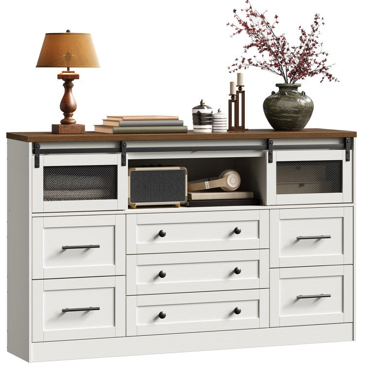 HOOBRO 7 Drawers Dresser for Bedroom, Farmhouse Dressers with Barn Doors, Large Wooden Chests of Drawers, Dresser TV Stand for Living Room, Bedroom, Hallway, 3 Compartments