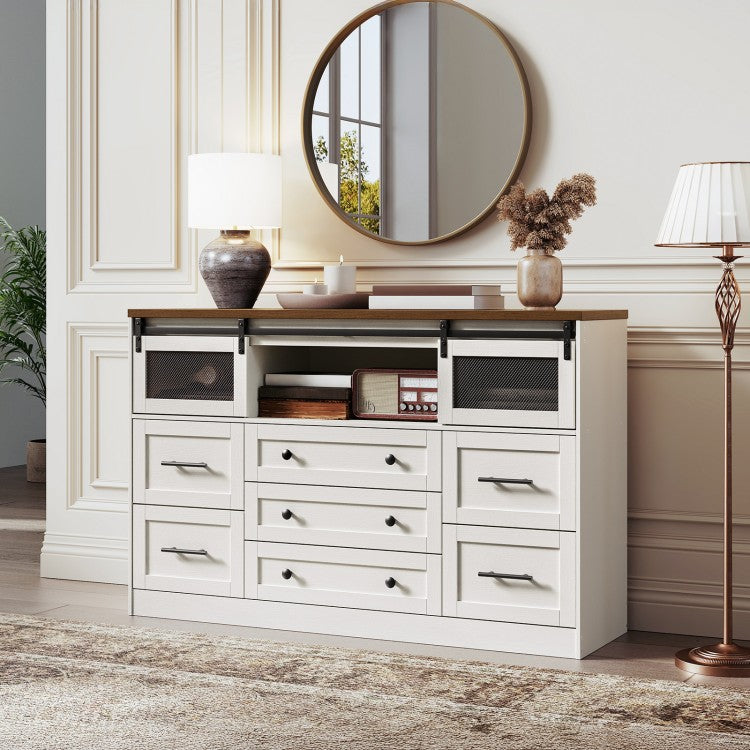 HOOBRO 7 Drawers Dresser for Bedroom, Farmhouse Dressers with Barn Doors, Large Wooden Chests of Drawers, Dresser TV Stand for Living Room, Bedroom, Hallway, 3 Compartments