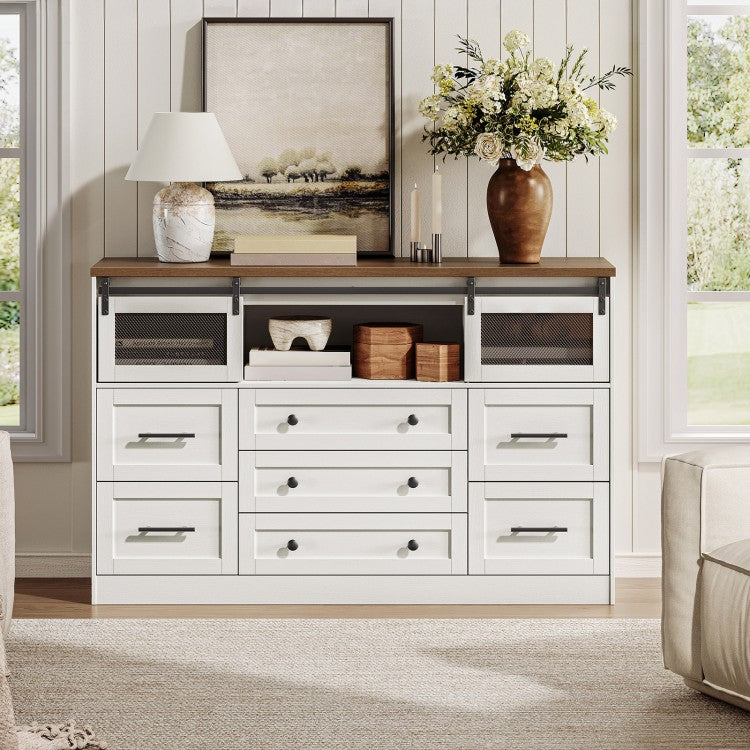 HOOBRO 7 Drawers Dresser for Bedroom, Farmhouse Dressers with Barn Doors, Large Wooden Chests of Drawers, Dresser TV Stand for Living Room, Bedroom, Hallway, 3 Compartments