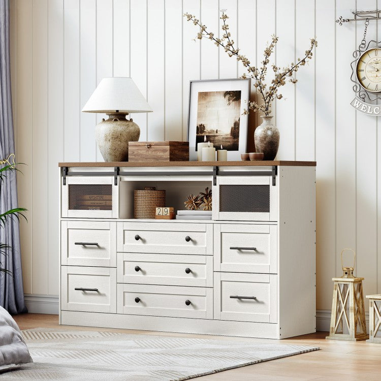 HOOBRO 7 Drawers Dresser for Bedroom, Farmhouse Dressers with Barn Doors, Large Wooden Chests of Drawers, Dresser TV Stand for Living Room, Bedroom, Hallway, 3 Compartments