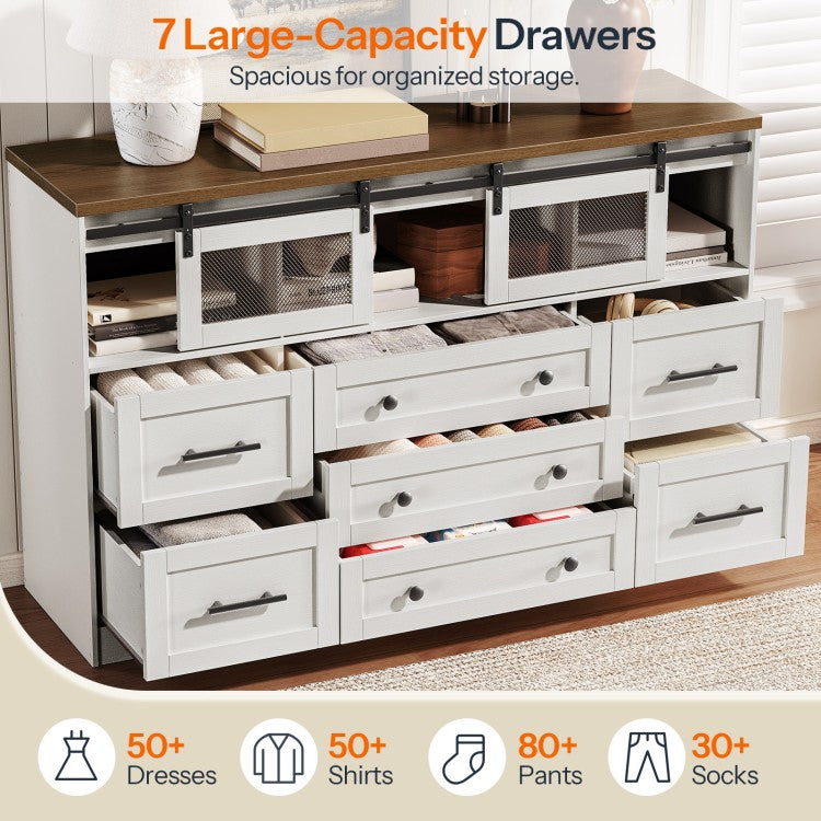 HOOBRO 7 Drawers Dresser for Bedroom, Farmhouse Dressers with Barn Doors, Large Wooden Chests of Drawers, Dresser TV Stand for Living Room, Bedroom, Hallway, 3 Compartments