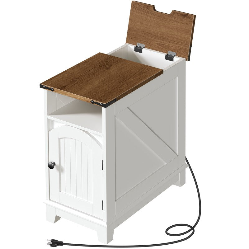 HOOBRO Narrow End Table, Slim Side Table Living Room, Farmhouse Nightstand with Charging Station, End Tables for Living Room, Sofa Side Table for Small Spaces, Flip Top