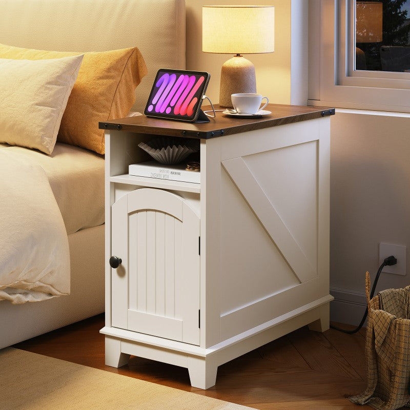 HOOBRO Narrow End Table, Slim Side Table Living Room, Farmhouse Nightstand with Charging Station, End Tables for Living Room, Sofa Side Table for Small Spaces, Flip Top
