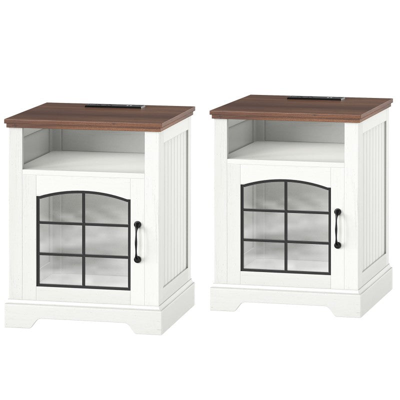HOOBRO Farmhouse Nightstand with Charging Station, 17.7" Wide Rustic End Tables for Living Room, Wooden Sofa Side Table with Tempered Glass Barn Door and Open Shelf