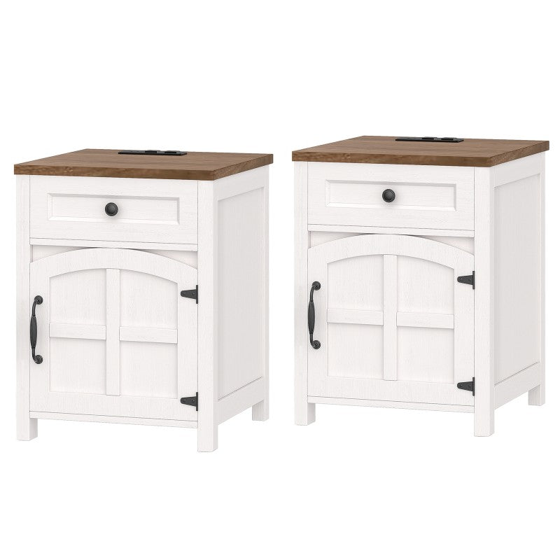 HOOBRO Farmhouse End Table with Charging Station, End Tables Living Room with Drawer, Rustic Nightstand with Arched Barn Door, Wooden Sofa Side Bedside Table