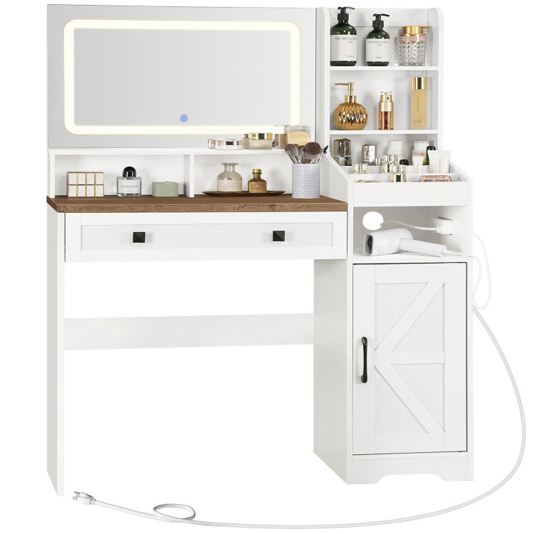 HOOBRO White Vanity Desk with Mirror and Lights, Farmhouse Vanity Makeup Desk with Charging Station, 41.5" Makeup Vanity Desk with Lighted Mirror, Power Outlet, Vanity Mirror with Lights Desk